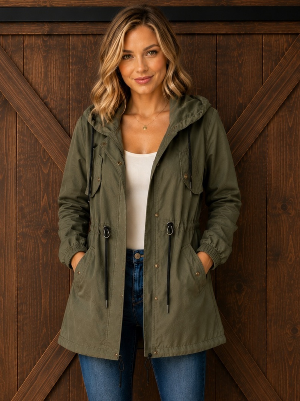 Blu Pepper Olive Green Hooded Utility Anorak Cargo Parka Jacket Small